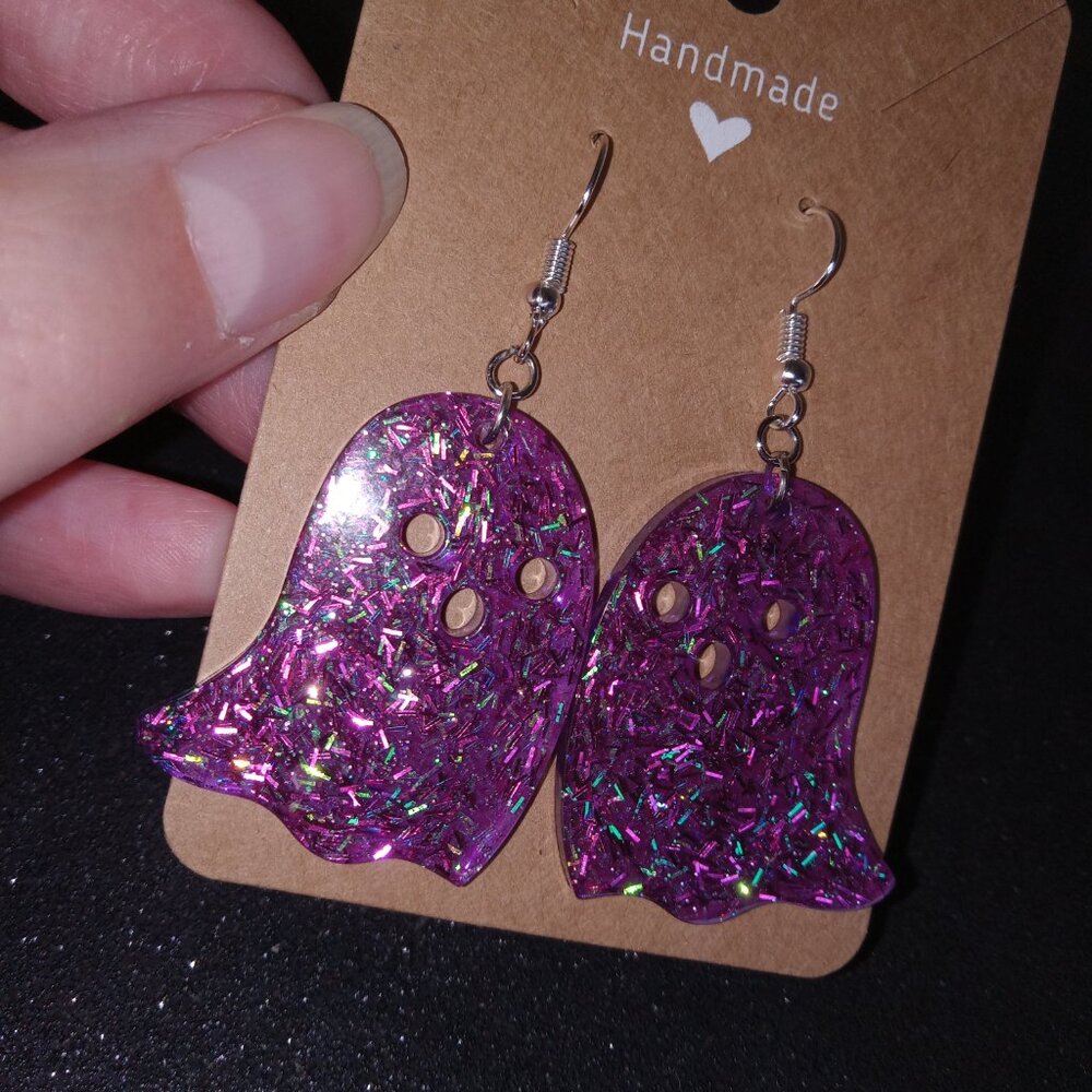 Cute purple ghost Halloween dangle earrings with iridescent glitter silver hooks - Picture 4 of 5